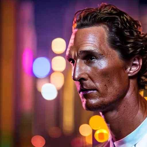 Image similar to a still of matthew mcconaughey . He's looking directly at the camera. HD. Shallow depth of field. City at night in background, lights, colors ,studio lighting, mood, 4K. Profession photography