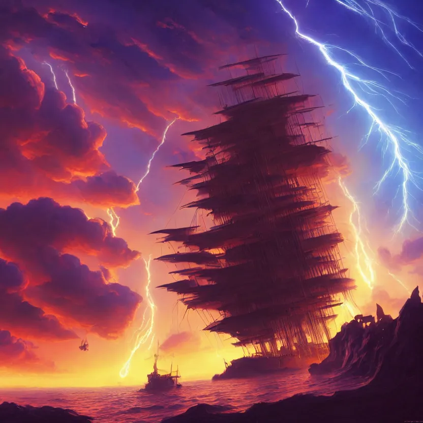 Prompt: treasure planet, clouds, pirate ship!, lava, lightning, beautiful lighting, vivid colors, intricate, elegant, smooth, sharp focus, highly detailed digital painting, concept art, cinematic, unreal engine, 4 k wallpaper, art by syd mead, terada katsuya, atey ghailan, svetlin velinov, cgsociety, artstation trending