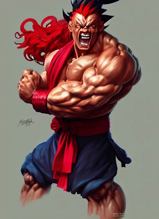 Prompt: Portrait of Akuma from Street Fighter, muscular, robes! intricate, elegant, highly detailed, digital painting, artstation, concept art, smooth, sharp focus, illustration, art by artgerm and greg rutkowski and alphonse mucha