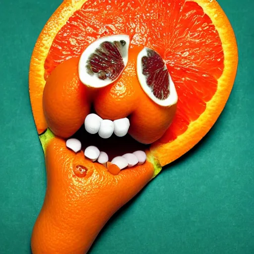 Prompt: orange fruit with human eyes and mouth