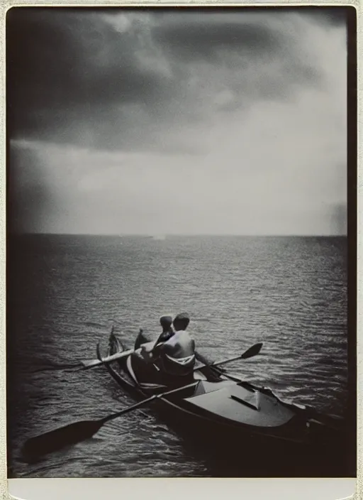 Image similar to a man rowing a rowboat, flash polaroid photo by george hurrell, hazy light rays