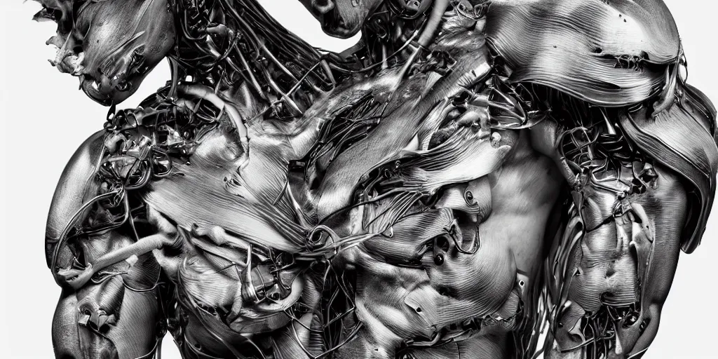 Image similar to hyper realistic photography of a stunningly beautiful cyborg male, plated arm, intimate, chest, holding close, ribbons, in the style of beth cavener, jin kagetsu,, and wlop, highly detailed, intricate filigree, symmetry, masterpiece, award winning, sharp focus, concept art, highkey lighting, ambient lighting, octane render, 8 k, artstation