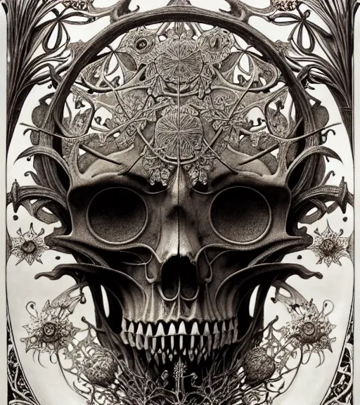 Image similar to art forms of nature by ernst haeckel, memento mori by arthur rackham, ornate antique porcelain beautiful skull mask, ultrasharp, photorealistic, hyperdetailed, octane render, polished, art nouveau, neo - gothic, gothic, intricate ornamental organic filigree, art nouveau botanicals, art forms of nature by ernst haeckel, horizontal symmetry, symbolist, visionary