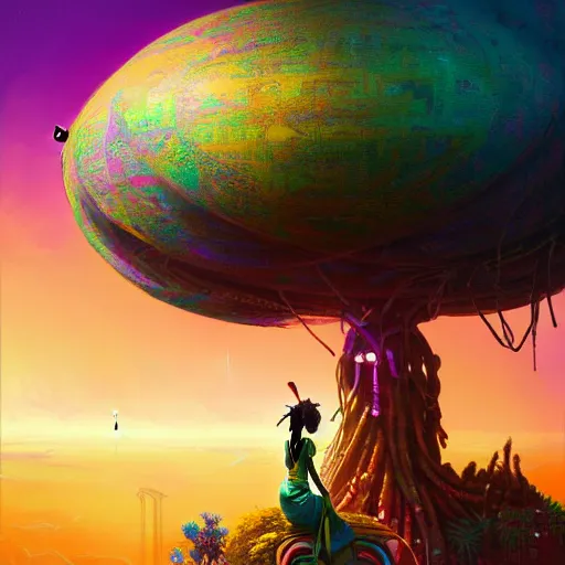 Image similar to an exotic african cyberpunk woman with colorful dreadlocks sitting on a cliff overlooking a field of colorful flowers with a giant glowing baobab tree in the middle, it is sunset, by greg rutkowski and android jones and Alena Aenami in a surreal cyberpunk! style, oil on canvas, 8k hd,