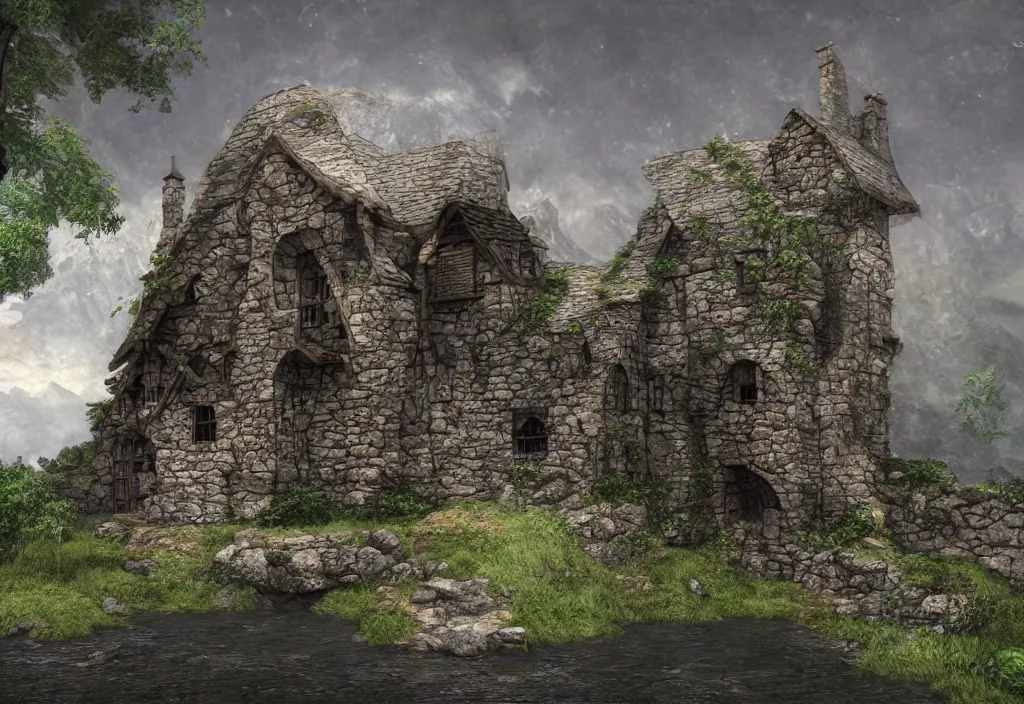 Image similar to a medieval stone house in a mountain near a river, extremely highly detailed, high quality, 8k HDR, trending on Artstation, concept art, cinematic lighting, DeviantArt, cartoon, anime style