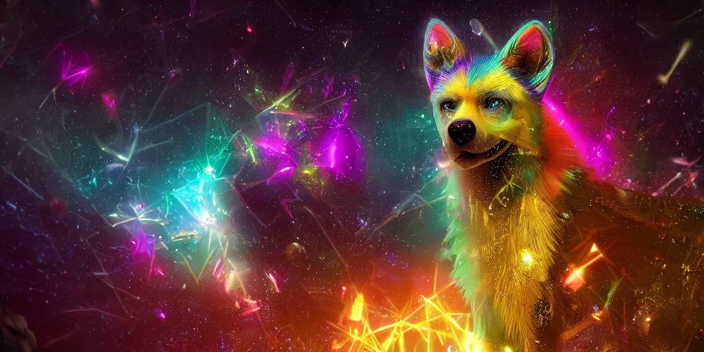 Image similar to sparkle dog, realistic 4 k octane beautifully detailed render, 4 k post - processing, highly detailed, intricate complexity, epic composition, magical atmosphere, cinematic lighting, masterpiece, ultra hd