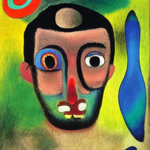 Prompt: A beautiful print of a man that has been pushed too far. A portrait of a man with a thousand-mile stare, whose soul has been replaced by a void. Tumblr, impressionism by Joan Miro, by Margaret Olley mild