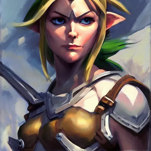 Image similar to greg manchess portrait painting of partially armored female link from legend of zelda as overwatch character, medium shot, asymmetrical, profile picture, organic painting, sunny day, matte painting, bold shapes, hard edges, street art, trending on artstation, by huang guangjian and gil elvgren and sachin teng