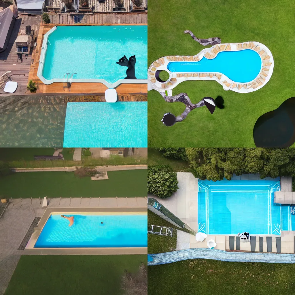 Prompt: drone footage of an outdoor swimming pool in the shape of a cat, an outdoor swimming pool imitating a cat
