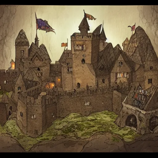 Prompt: A fascinating and detailed description of a medieval castle under siege , by Maurice Sendak and Takashi Murakami, trending on ArtStation, cgsociety, trending on 500px, deviantart