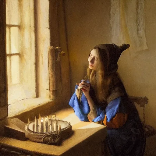 Image similar to elizabeth olsen, sitting in a dark kitchen in the medieval period, the only light illuminating is a candle on the desk, illustrated by gaston bussiere and johannes vermeer, artstation, cgsociety, artstation contest winner, artstation medieval, artstation fashion, 4 k, 8 k