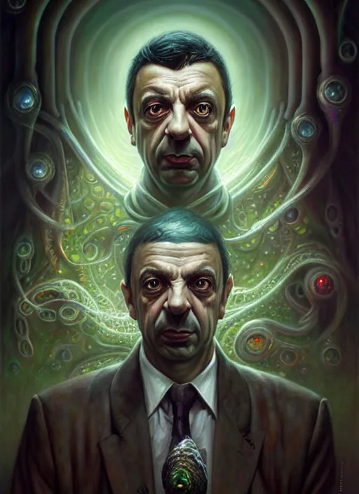 Image similar to lovecraft biopunk portrait of rowan sebastian atkinson by tomasz alen kopera and peter mohrbacher