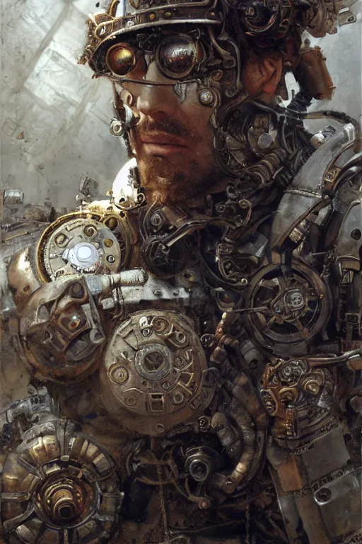 Prompt: an ancient roman steampunk engineer with a cybernetic eyepatch, upper body, highly detailed, intricate, sharp details, dystopian mood, sci-fi character portrait by gaston bussiere, craig mullins