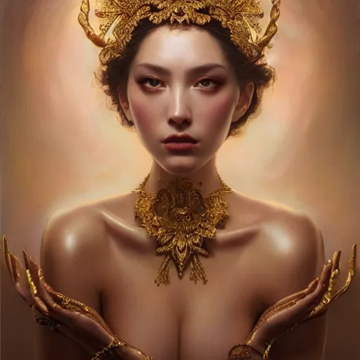 Prompt: expressive oil painting, of alluring european princess, seductive look, smirking, smooth glowing skin, glistening body, love, adoration, sweat, tattoos, ornate headpiece made from petals, glamour shot, by yoshitaka amano, by greg rutkowski, by jeremyg lipkinng, by artgerm, digital art, octane render, heavenly aesthetic