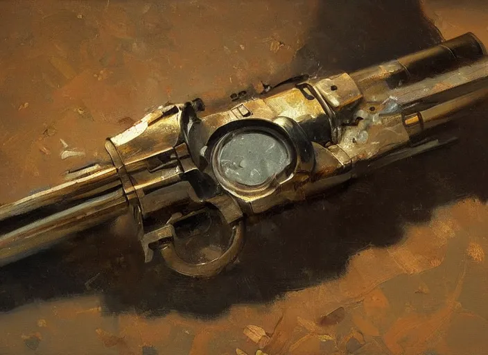 Prompt: oil painting of metallic revolver closeup, art by anders zorn, wonderful masterpiece by greg rutkowski, beautiful cinematic light, american romanticism by greg manchess, reflections in copper, sunlight, dust and steam