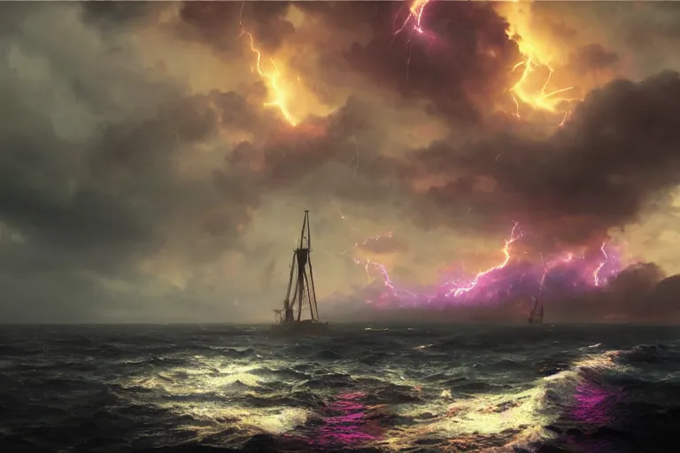 Prompt: a close up pirate ship, violent stormy waters, fiery electrical storm clouds in epic purple sky, dark night, digital art, cinematic, hd, by greg rutkowski, artstation