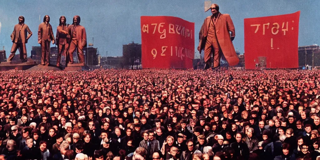 Prompt: documentary close photo of The Beatles on scene live Moscow perform at in honor of the anniversary of the Great October communist Revolution at stadium, banners with lenin, colorful photo, wide angle, HD remastered, 4k resolution, cinematic