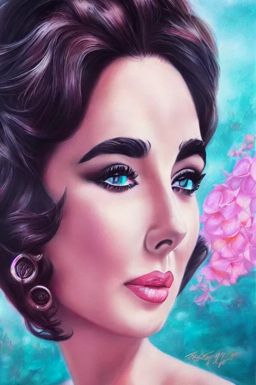 Prompt: a beautiful portrait of Elizabeth Taylor pastel colors, in a scenic environment by Artgerm, detailed,