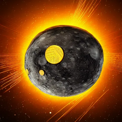 Image similar to a 3 d render of a coin crashing into the moon, exploding, space