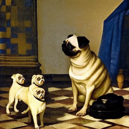 Image similar to painting of a Pug leading an orchestra. By Johannes Vermeer.