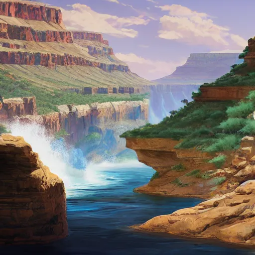 Image similar to concept art painting of a grand canyon filled with water, giant river, with stone bridge under construction realistic, detailed, cel shaded, in the style of makoto shinkai and greg rutkowski and james gurney