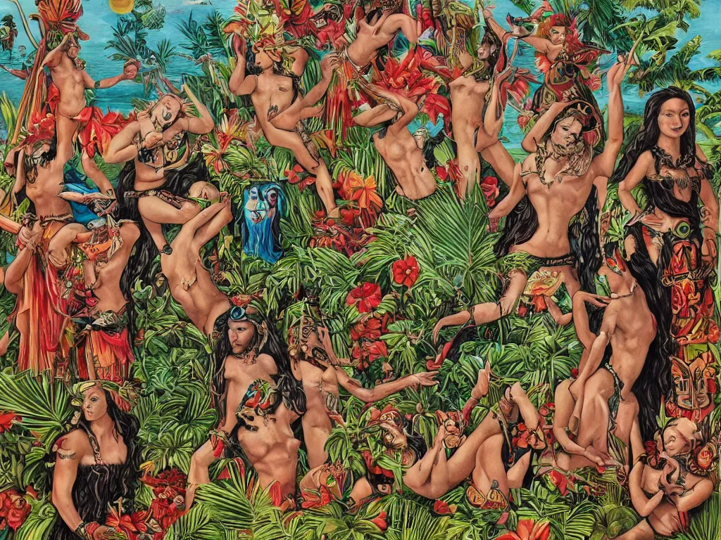 Image similar to island paradise, pagan gods, tiki lowbrow art