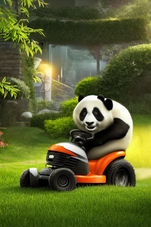 Prompt: a panda riding a lawn mower mowing his lawn, suburban garden, cgsociety and beeple highly detailed, cinematic lighting, illustration, art, octane render, unreal engine lumen, very coherent. cinematic, hyper realism, high detail, octane render, 8 k