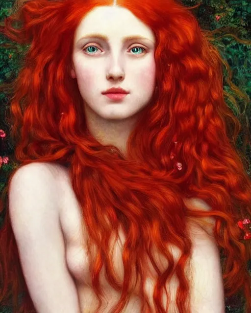 Image similar to a woman with long red hair and a flower in her hair, a photorealistic painting by Carla Wyzgala, pinterest, pre-raphaelitism, pre-raphaelite, enchanting, chiaroscuro