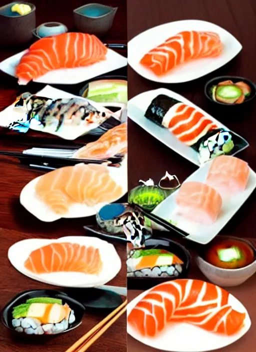 Image similar to clear photorealistic picture of adorable cats made out of sushi