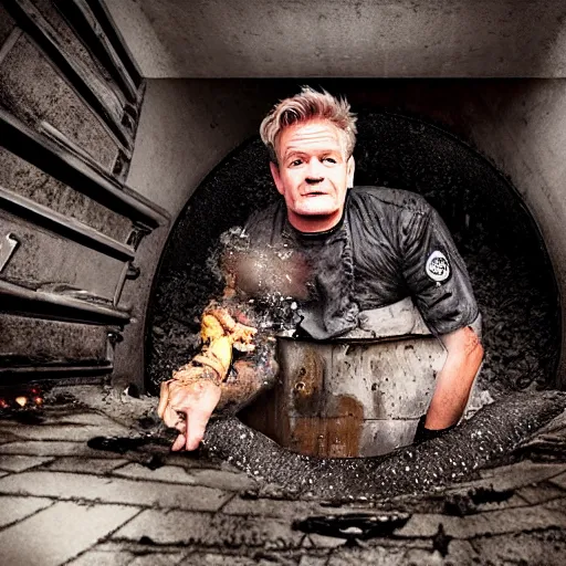 Image similar to Gordon Ramsey hiding in a sewer, creepy, grunge, IT