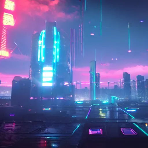 Image similar to « glowing neon lights, sunrise, cyberpunk, alita battle angel, blade runner,, cold, clouds, far view, photorealistic, unreal engine 5, sharp focus »