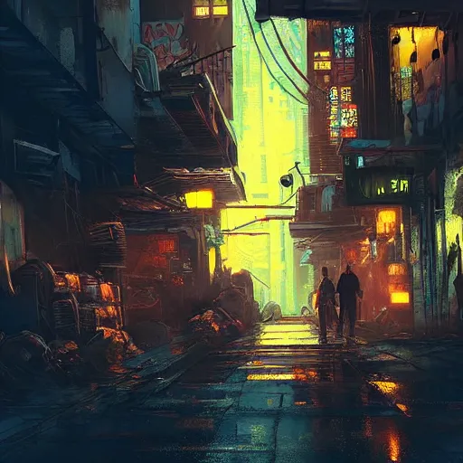 Image similar to epic digital matte paining of a dark alleyway in a cyberpunk city at nighttime by jama jurabaev and denis villeneuve, extremely detailed, artstation