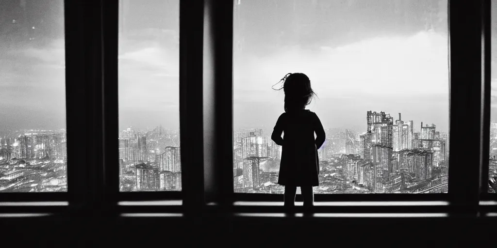 Image similar to overlooking on night city cyberpunk from floor to ceiling window, one little girl, beautiful hair at the back, looking out the window, liminal, cinematic, dreamscape