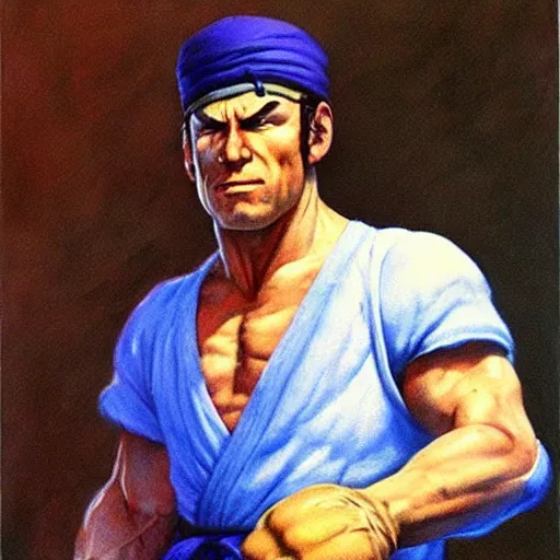 Image similar to ultra realistic happy gilmour as ryu from street fighter, painting by frank frazetta, 4 k, ultra realistic, highly detailed,