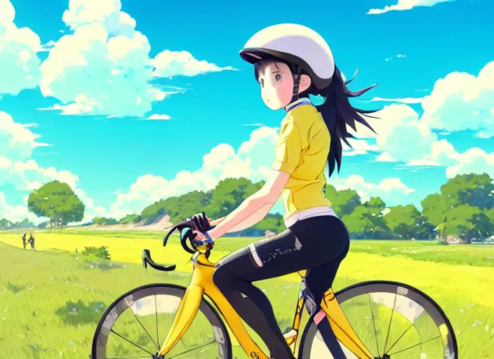 Image similar to portrait of cute girl riding road bike, sunny sky background, lush landscape, illustration concept art anime key visual trending pixiv fanbox by wlop and greg rutkowski and makoto shinkai and studio ghibli and kyoto animation, symmetrical facial features, sports clothing, yellow road bike helmet, nike cycling suit, backlit, aerodynamic frame, gta 5