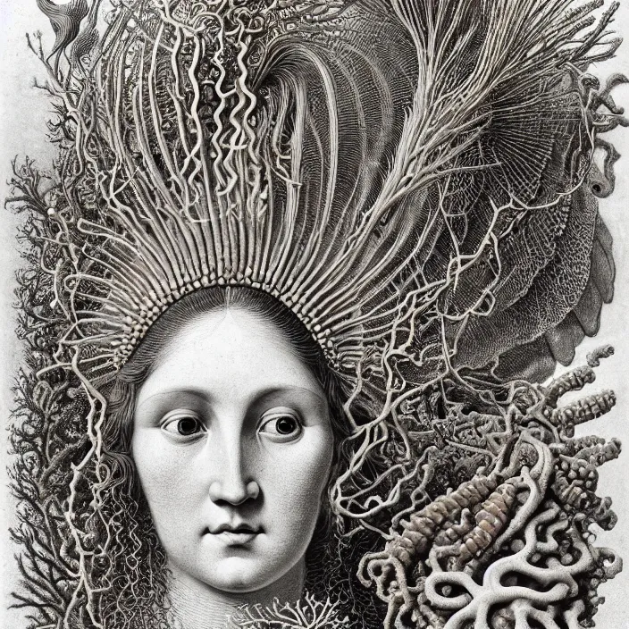 Prompt: realistic detailed face portrait of the goddess of the fish of the three times with an intricate headdress of corals, sea kelp, sea plants, fish, jellyfish, art by ernst haeckel, archimboldo, face in focus, neo - gothic, gothic,