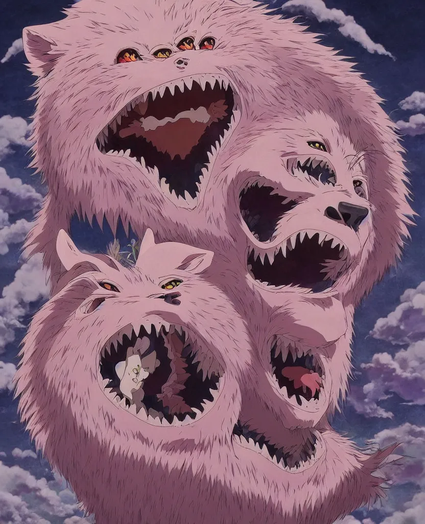 Image similar to beautiful painting from the anime film by studio ghibli, pink anthropomorphic werewolf human hybrid, drooling teeth bared, fur, trending on artstation, by raqib shaw and MC Escher