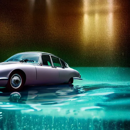 Image similar to hyperrealistic photo of an old jaguar car, half underwater in a swimming pool, 4 k, 8 k, thin film, full shot