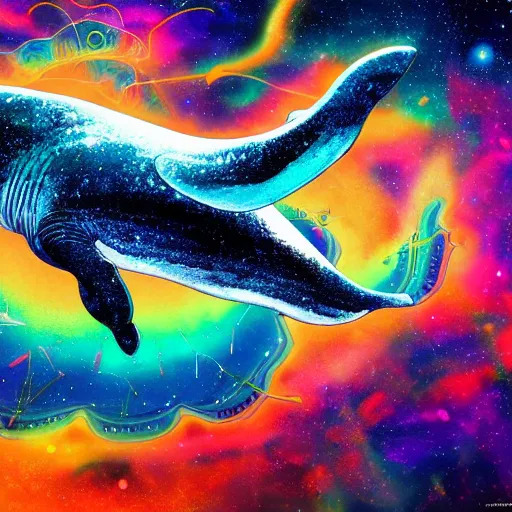 Prompt: Photorealistic psychedelic whale in outer space, Hyperdetailed, beautiful colors, 108 Megapixels, Artstation concept art