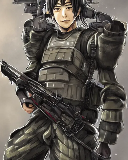 Prompt: Kazuki Fuse in full armor holding his MG 42 machine Gun, Jin Roh: The Wolf Brigade, Mamoru Ushii, Trending on Artstation