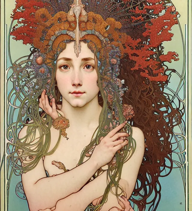 Prompt: realistic detailed face portrait of the goddess of the deep waters with an intricate headdress of corals, sea kelp, sea plants, and fish, art by alphonse mucha, ayami kojima, amano, greg hildebrandt, mark brooks, and ernst haeckel, face in focus, art nouveau, neo - gothic, gothic, neoclassical,