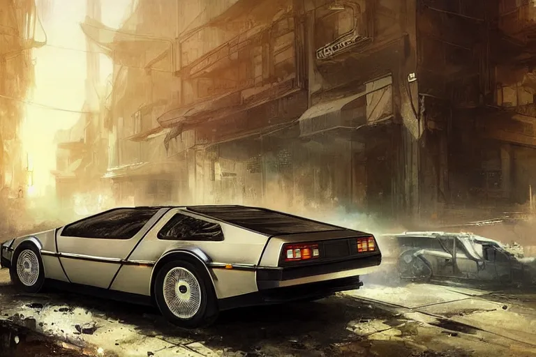 Image similar to photograph of the delorean, with a sleek spoiler, driving down the streets of a cyberpunk abandoned city, by greg rutkowski, by stanley artgerm, by alphonse mucha