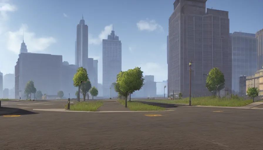 Image similar to large square at the end of the road, buildings in the distance, sunny day, game cg, hyperdetailed