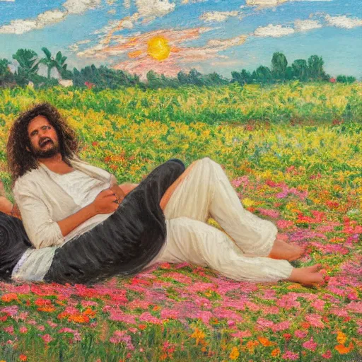 Image similar to egyptian man with long curly hair in a field of flowers, alongside a pregnant black woman with curly hair, laying down, picnic, with a tiny black puppy in the middle, golden hour, vintage, impressionist painting, fine art, oil painting, dreamy, pastel, laughing, happy, intricate details, sharp, peaceful, serene