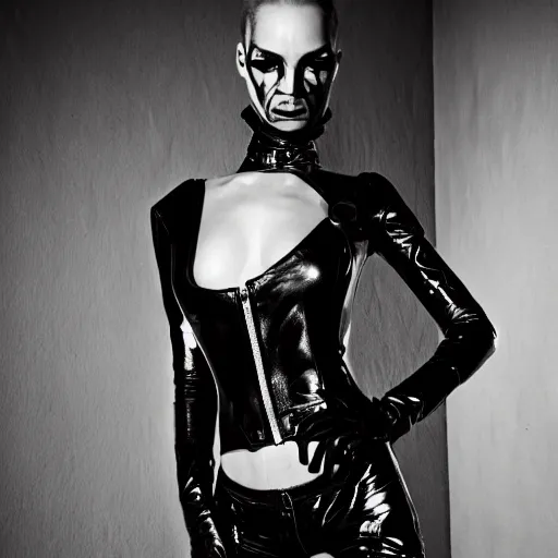 Image similar to fashion photography of an extraterrestrial model, holding a leather whip, wearing demobaza fashion, inside berghain, berlin fashion, harness, futuristic fashion, dark minimal outfit, photo 3 5 mm leica, hyperdetail, berghain, 8 k, very detailed, photo by nick knight