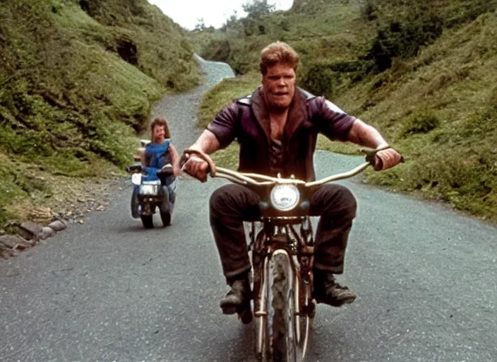 Image similar to film still of thanos riding a small childrens bike down a steep mountain road in the goonies 1 9 8 5