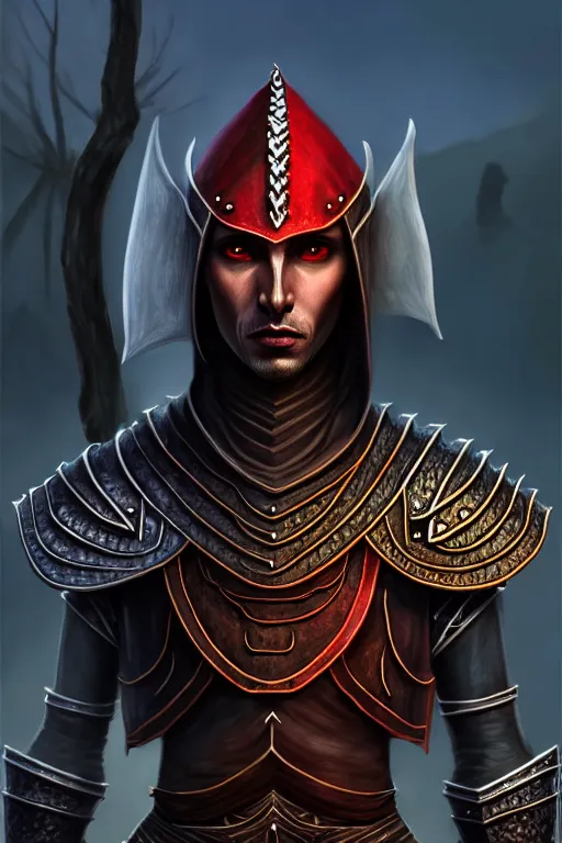 Image similar to hyperrealistic morrowind dunmer male nerevarine in front of balmora, red eyes, 3 / 4 portrait, symmetrical face, handsome face, full body dnd character portrait, medieval armor, morrowind armor, oblivion armor, skyrim armor, eso armor, intricate, highly detailed, elegant, 4 k, artstation, deviantart