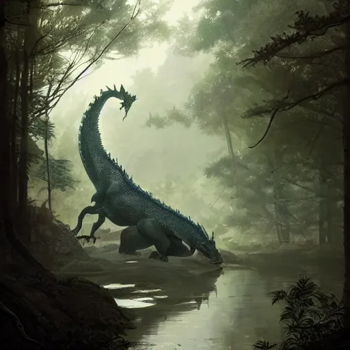 Prompt: a gargantuan dragon idly standing in a forest, peacefully drinking river water, illustrated by max hay and greg rutkowski, trending on artstation, digital art, 4 k quality