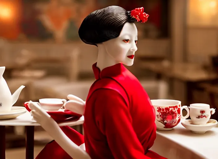 Prompt: movie still of a beautiful woman made out of porcelain sitting at a table in a cafe, wearing a red cheongsam, smooth white skin, creepy, tea set in foreground, directed by Guillermo Del Toro