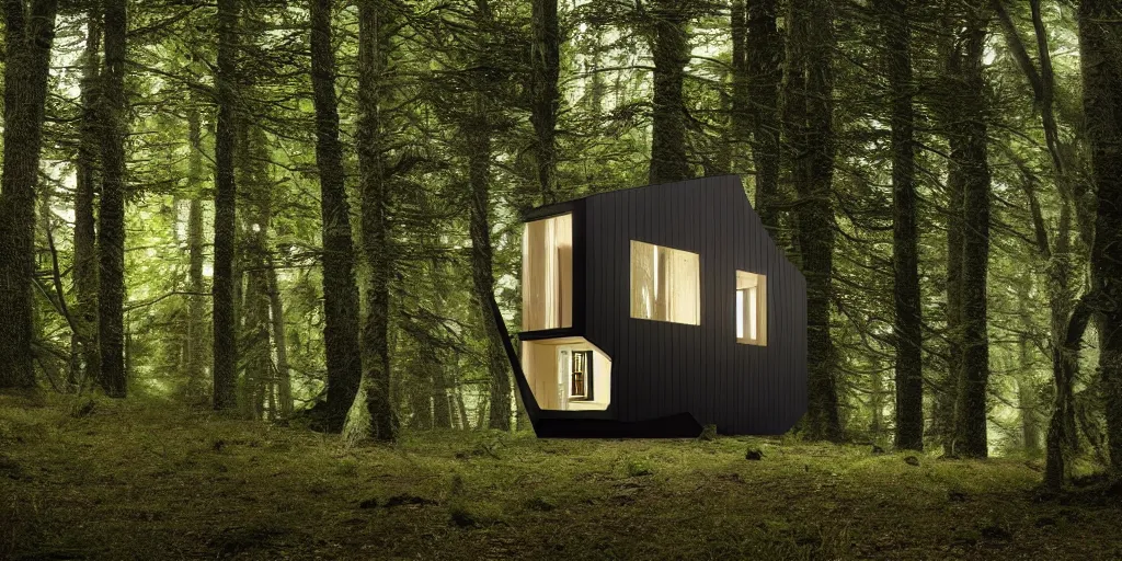 Image similar to modern tiny house in an ominous forest designed by zaha hadid, cinematic lighting, deep focus, sharp focus, golden ratio, dramatic illumination, hdr, ultra realistic, 8 k, highly detailed, trending on artstation, epic composition, by caravaggio, by artemisia lomi gentileschi